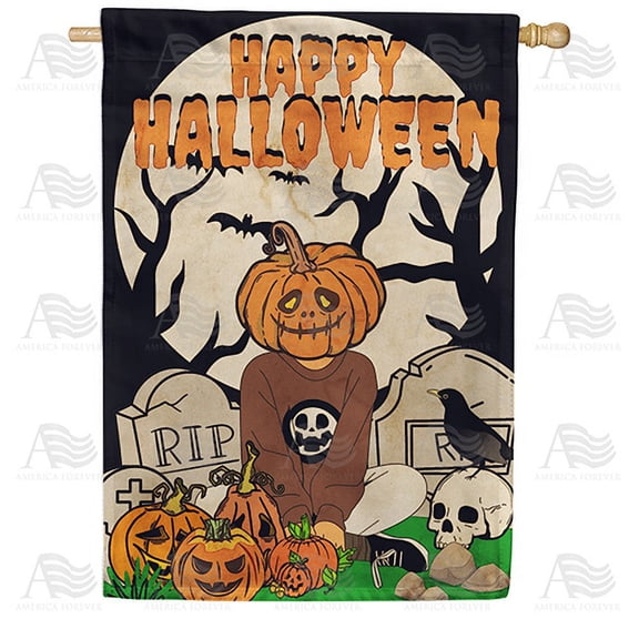 America Forever Happy Halloween House Flag 28 x 40 inch Double Sided Outside, Jack-O-Lantern Pumpkin Graveyard Halloween Prank Funny Holiday Yard Outdoor Decorative Flag