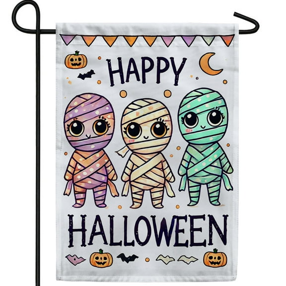 America Forever Happy Halloween Mummy Trio Garden Flag, 12.5 x 18 inch Double Sided, Spooky Halloween Night Yard Sign, Cartoon Mummies Flags, Autumn Seasonal Outdoor Decorative for Lawn and Garden