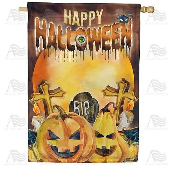 America Forever Happy Halloween Pumpkin House Flag 28 x 40 inch Double Sided Outside, Halloween Jack O Lantern Fright Night Nightmare Horror Graveyard Spooky Holiday Yard Outdoor Decorative Flag