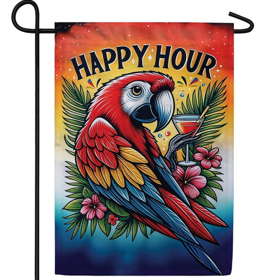 America Forever Happy Hour Parrot Garden Flag, 12.5 x 18 inch Double Sided, Tropical Cocktail Party Banner, Summer Beach Bar Decor, Outdoor Yard Decorative Flag