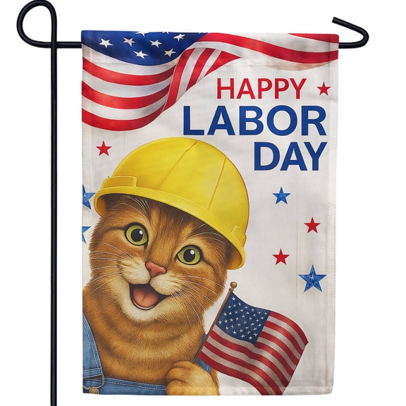 America Forever Happy Labor Day Cat Garden Flag, 12.5 x 18 inch Double Sided, Worker Cat, Orange Tabby Labor Day, Patriotic Cat, Hard Hat Denim Overalls Stars