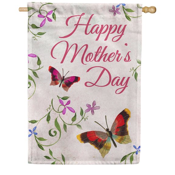 America Forever Happy Mother's Day Floral Butterfly House Flag 28 x 40 inches Floral Double Sided Holiday Seasonal Yard Outdoor Decorative I Love You Mom Flag