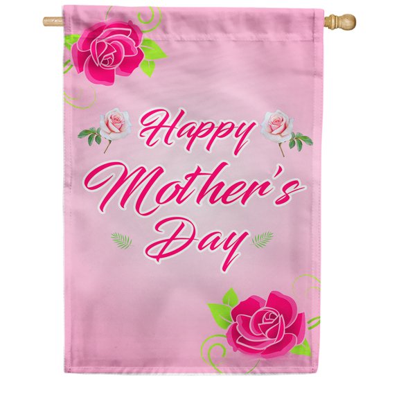 America Forever Happy Mother's Day Rose House Flag 28 x 40 inches Red Rose Pink Flowers Double Sided Holiday Seasonal Yard Outdoor Decorative I Love You Mom Floral Flag