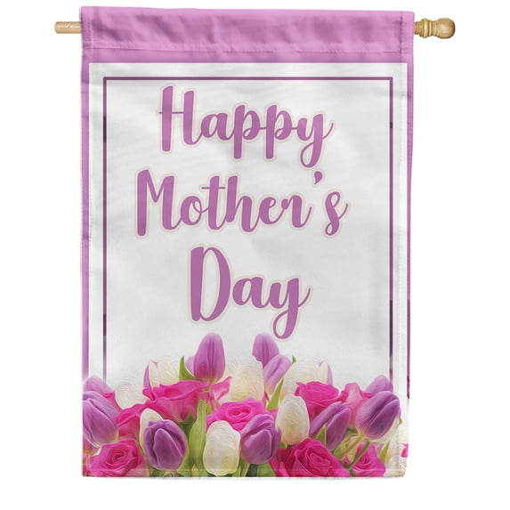 America Forever Happy Mother's Day Tulip House Flag 28 x 40 inches Pink Purple Floral Double Sided Holiday Seasonal Yard Outdoor Decorative I Love You Mom Flag