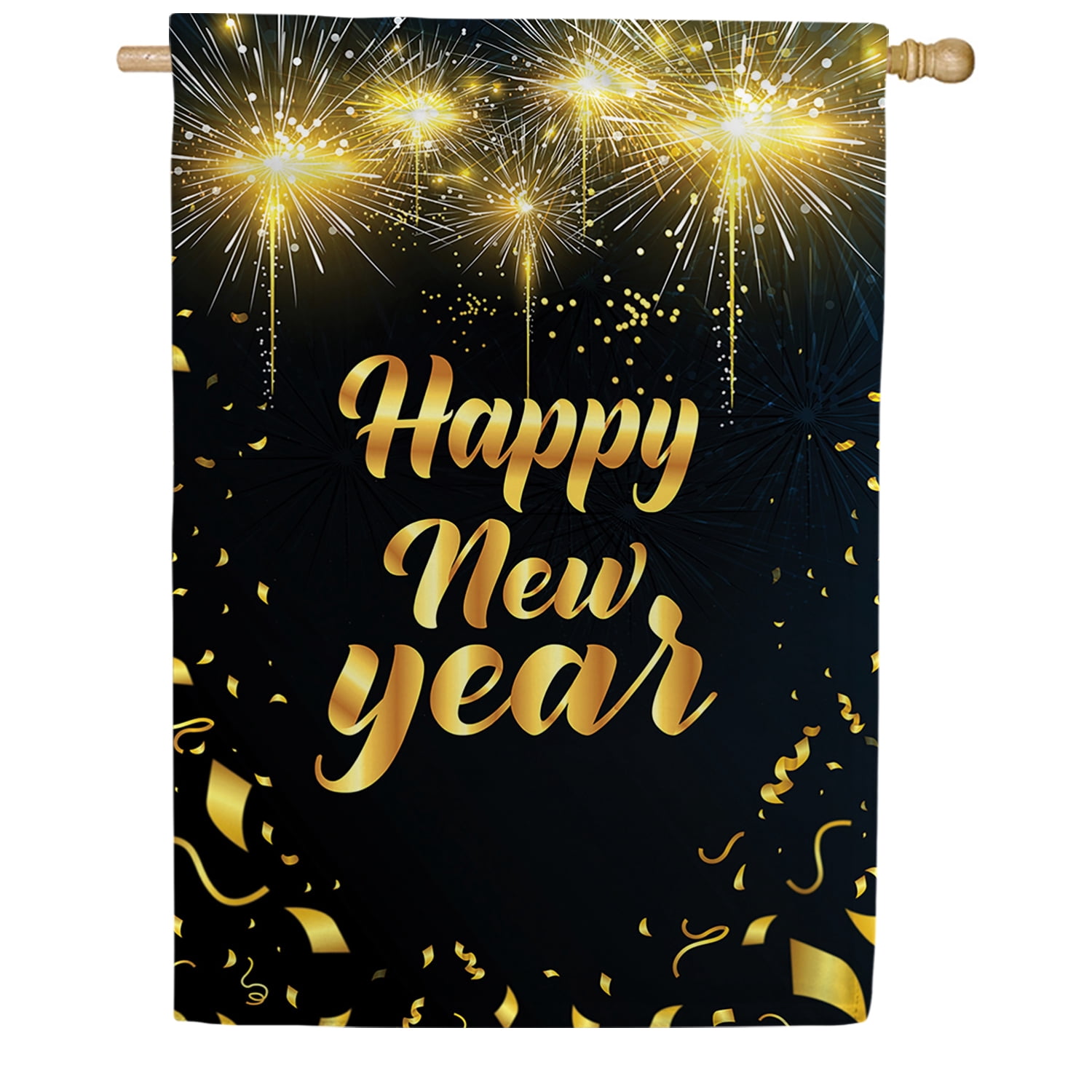 America Forever Happy New Year Golden Confetti House Flag, 28 x 40 inch Double Sided, Fireworks Banner, Black Background Outdoor Decor, Celebration Yard Decorations, Elegant Party Design