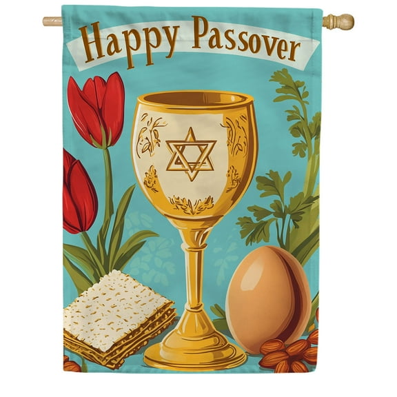 America Forever Happy Passover Seder House Flag, 28 x 40 inch Double Sided, Kiddush Cup Matzo Tulips, Jewish Holiday, Traditional Religious Banner