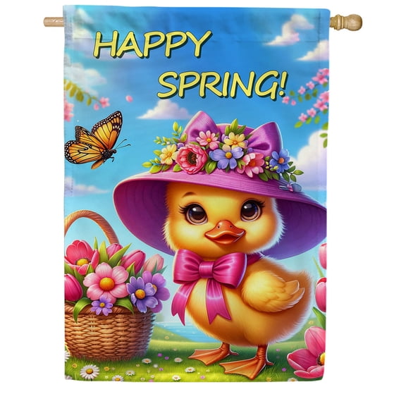 America Forever Happy Spring Duck House Flag, 28 x 40 inch Double Sided, Cute Duckling Flower Basket Butterfly Spring Seasonal Outdoor Decorations Yard Flag