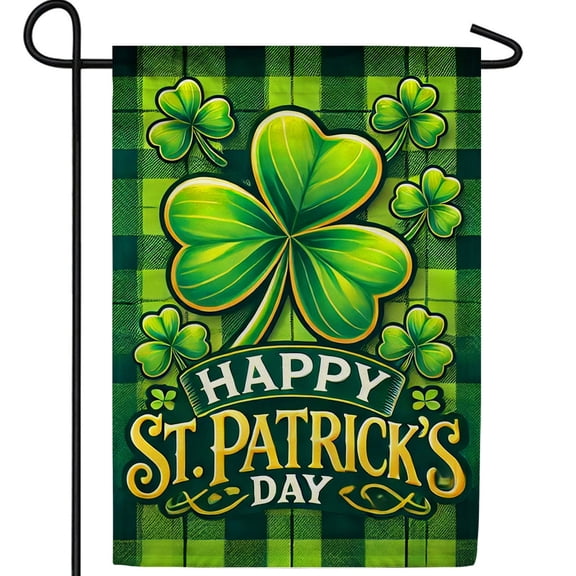 America Forever Happy St Patrick's Day Garden Flag Double Sided, 12.5 x 18 inch Shamrock Plaid Design Flag, Irish Green Buffalo Check Clover, Celtic St Patricks Yard Flag
