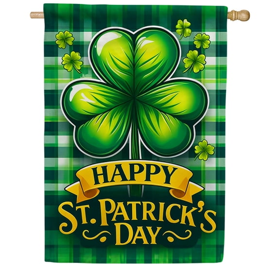 America Forever Happy St Patrick's Day House Flag, 28 x 40 inch Double Sided, Four Leaf Clover Shamrock Irish Pride Lucky Charm Seasonal Outdoor Decorations Yard Flag