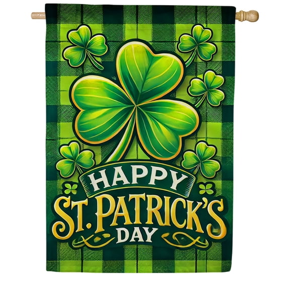 America Forever Happy St Patrick's Day House Flag Double Sided, 28 x 40 inch Shamrock Plaid Design Flag, Irish Green Buffalo Check Clover, Celtic St Patricks Yard Flag