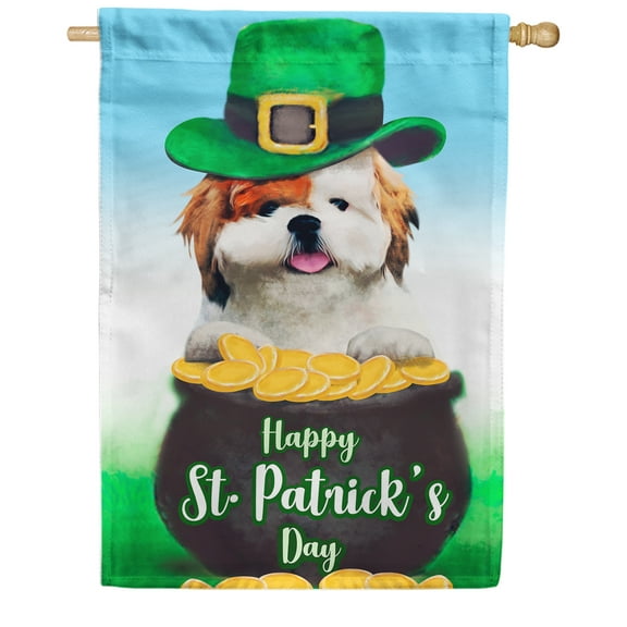 America Forever Happy St Patricks Day House Flag Dogs Pot of Gold 28 x 40 Inch Leprechaun Luck of the Irish Double Sided Outdoor Yard Cute Lucky Pup Clover Shamrock St Patricks Day Decorations