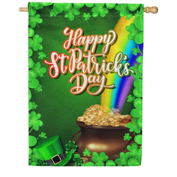 America Forever Happy St Patricks Day House Flag Leprechaun Rainbow Pot Gold 28 x 40 Inch Luck of the Irish Double Sided Outdoor Yard Lucky Clover Shamrock St Patricks Day Decorations