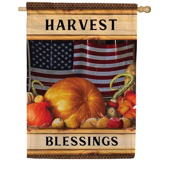 America Forever Harvest Blessings House Flag, 28 x 40 inch Double Sided, American Flag Pumpkin Design, USA Thanksgiving Decor, Patriotic Fall Flag, Autumn Yard Decoration