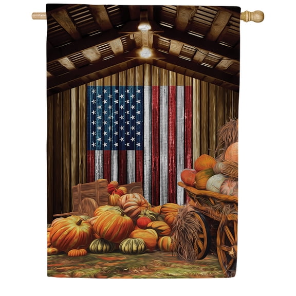 America Forever Harvested With American Pride House Flag, 28 x 40 inch Double Sided, Patriotic Pumpkin Harvest Banner, Fall Barn Scene Decor, Outdoor Yard Decoration, Stars Stripes Autumn Display