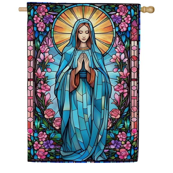 America Forever Heavenly Prayer House Flag, 28 x 40 inch Double Sided, Stained Glass Mary Prayer, Religious Devotional Rose Outdoor Decorative Flag