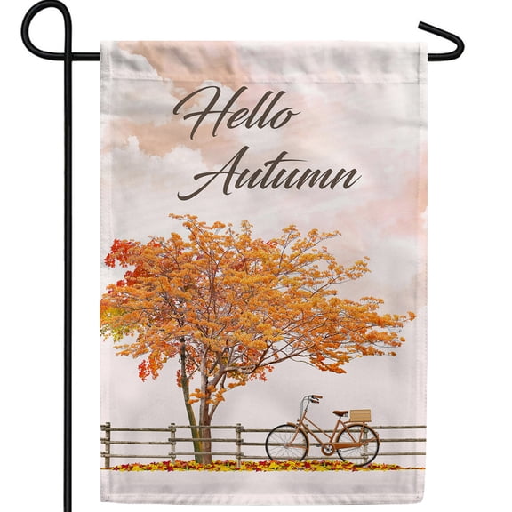 America Forever Hello Autumn Garden Flag, 12.5 x 18 inches Double Sided, Autumn Bicycle Flag, Rustic Fall Decor Seasonal Decorative Outdoor Flag for Yard, Lawn, and Garden