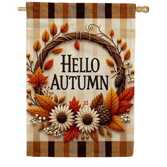 America Forever Hello Autumn Wreath House Flag, 28x40 inch Double Sided, Fall Wreath Gingham, Thanksgiving Holiday Decor, Rustic Greeting Flags for Outdoor Outside Seasonal Yard Decorations