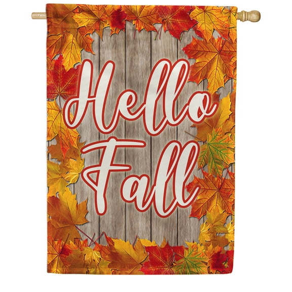 America Forever Hello Fall House Flag, 28 x 40 inches Double Sided, Autumn Welcome House Flag, Maple Leaves , Fall Seasonal Outdoor Decor, Holiday Outside Yard Decorations