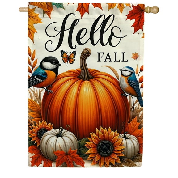 America Forever Hello Fall Pumpkin House Flag, 28 x 40 inch Double Sided, Pumpkin and Bird House Flags, Autumn Sunflower Decor, Fall Seasonal Outdoor Decorative for Lawn and House Dcor
