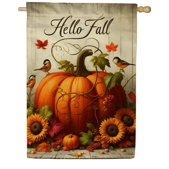 America Forever Hello Fall Pumpkin House Flag, 28x40 inch Double Sided, Thanksgiving Rustic Pumpkins, Sunflowers and Birds, Autumn Yard Flags for Outdoor Home Decor, Fall Garden Decoration