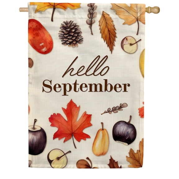 America Forever Hello September Fall House Flag, 28 x 40 inches Double Sided, Fall Harvest Banner, Maple Leaves, Thanksgiving Sign, Autumn Seasonal Outdoor Decor, Holiday Outside Yard Decorations