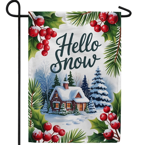 America Forever Hello Snow Winter Cabin Garden Flag 12.5 x 18 Inch Double Sided, Snowy Cottage Holly Berries Pine Trees Winter Seasonal Outdoor Decor
