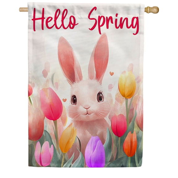 America Forever Hello Spring Bunny House Flag, 28 x 40 inch Double Sided, Rabbit Tulip Flowers Hearts, Spring Easter Watercolor Bunny, Hello Spring Flag