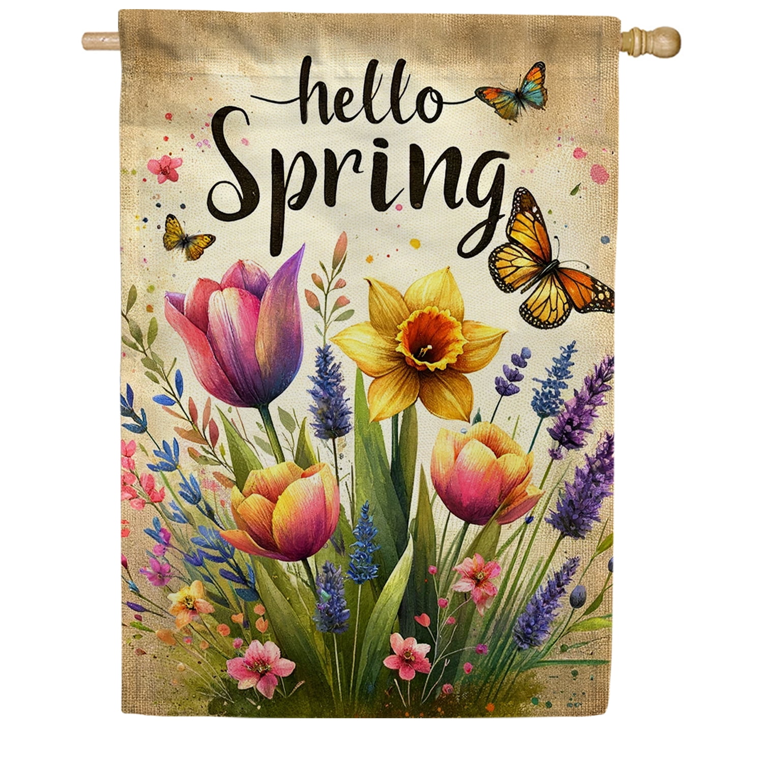 America Forever Hello Spring Floral House Flag, 28x40 inch Double Sided, Flower Large Farmhouse Yard Outdoor Decoration, Spring Summer Seasonal Decor Flag