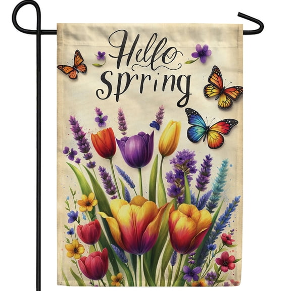 America Forever Hello Spring Garden Flag, 12.5 x 18 inch Double Sided, Spring Tulip Butterfly Flag, Colorful Spring Flower Decor, Hello Spring Yard Flag