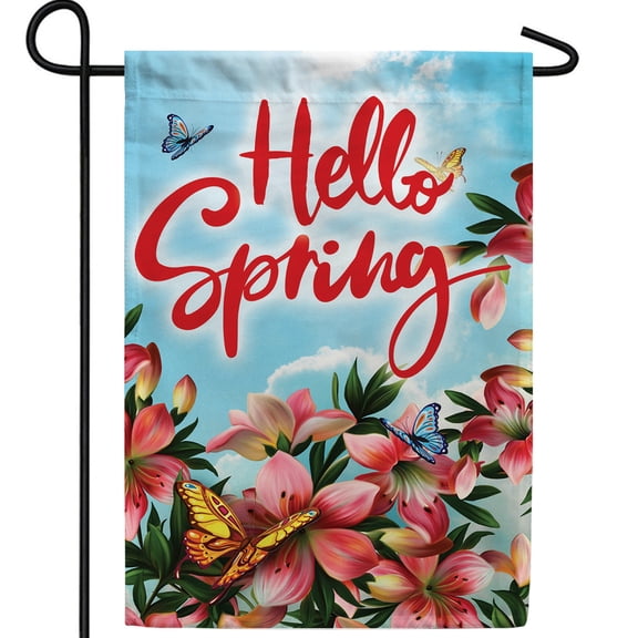 America Forever Hello Spring Garden Flag 12.5 x 18 inches Double Sided Pink, Red Flowers, Butterflies, Bloom - Seasonal Yard Lawn Outdoor Decorative Summer Floral Garden Flag