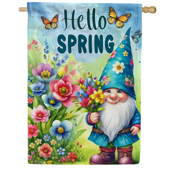 America Forever Hello Spring Gnome House Flag, 28x40 inch Double Sided, Smiling Gnome, Butterfly Floral Garden Yard Flags for Spring Summer Rustic Seasonal Outside Outdoor House Decoration
