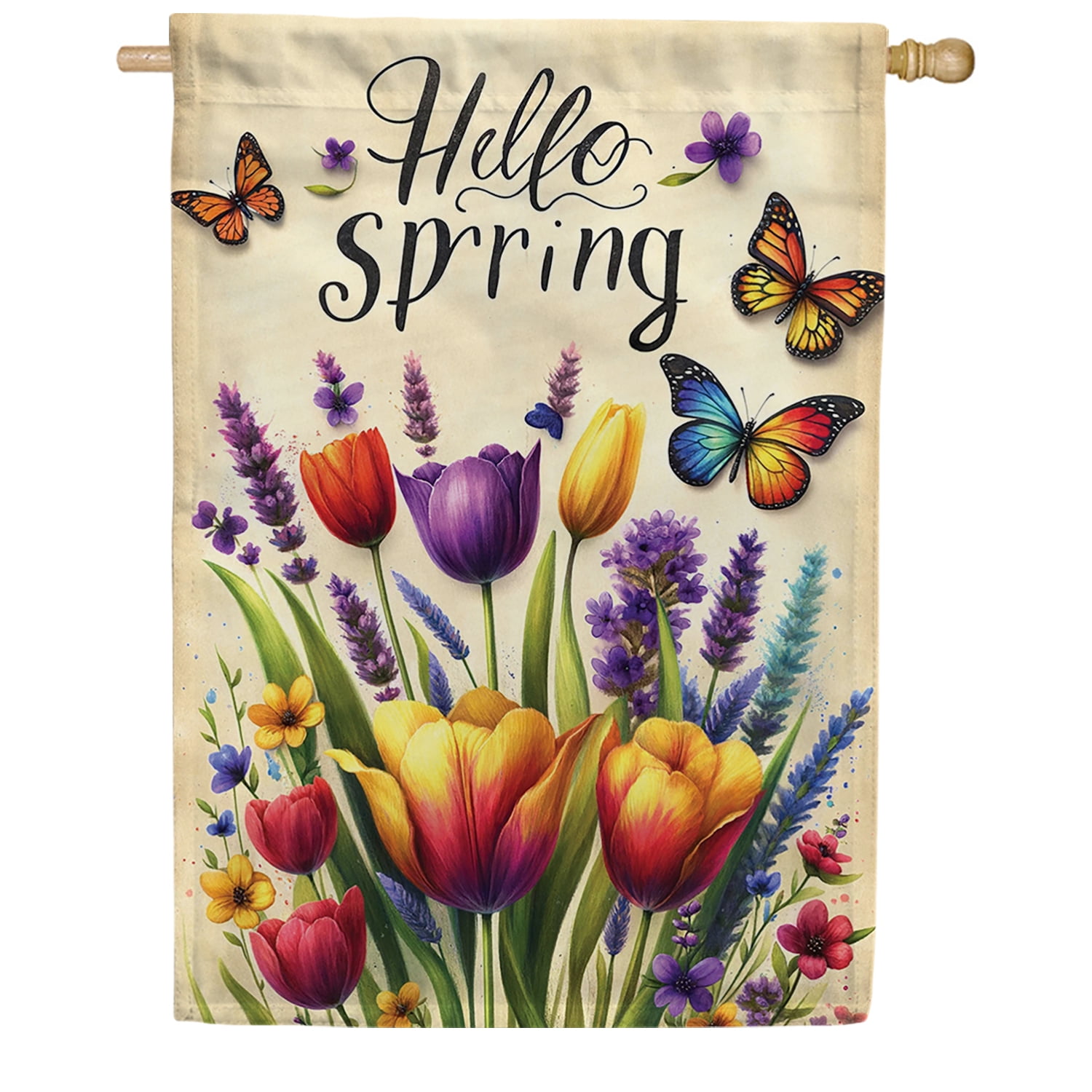 America Forever Hello Spring House Flag, 28 x 40 inch Double Sided, Spring Tulip Butterfly Flag, Colorful Spring Flower Decor, Hello Spring Yard Flag