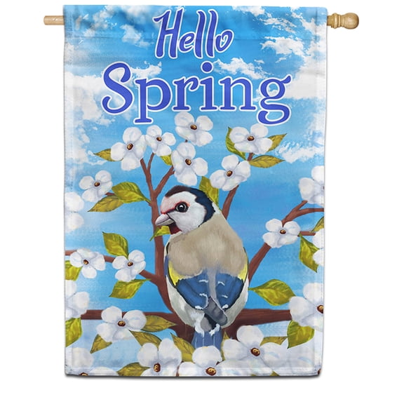 America Forever Hello Spring House Flag 28 x 40 inches Double Sided Bluebird, White Flower, Apple Blossom - Seasonal Yard Lawn Outdoor Decorative Summer Bird House Flag