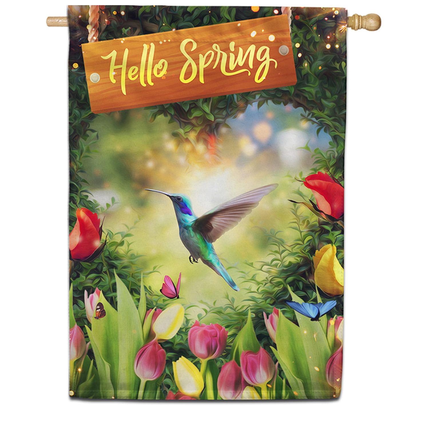 America Forever Hello Spring House Flag 28 x 40 inches Double Sided Summer Bird, Colorful Flowers, Tulip - Seasonal Yard Lawn Outdoor Decorative Summer Hummingbird House Flag