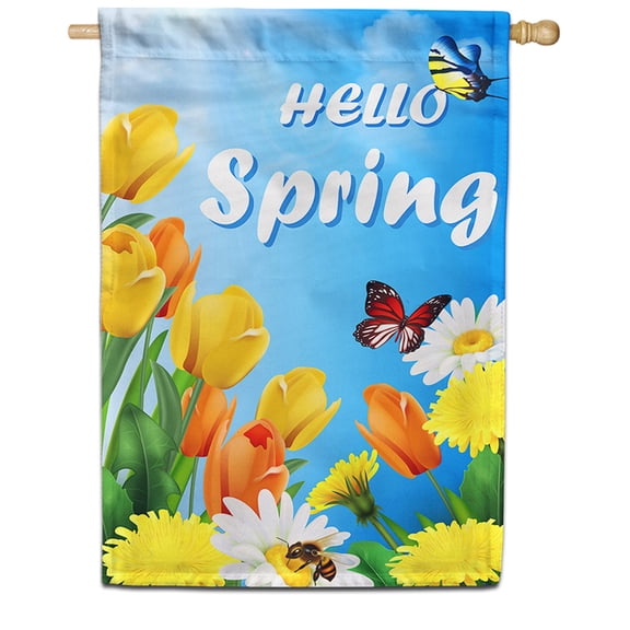 America Forever Hello Spring Sunshine House Flag, 28 x 40 inch Double Sided, Butterfly Tulip Daisy Banner, Bright Floral Seasonal Outdoor Garden Yard Decor