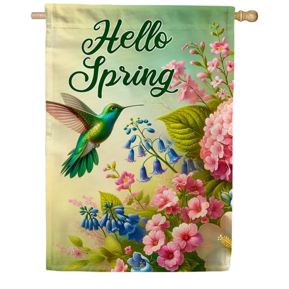 America Forever Hello Spring Hummingbird House Flag, 28 x 40 inch Double Sided, Spring Flowers Bluebell Cherry Blossom, Seasonal Outdoor Decor, Bird Floral Yard Flag