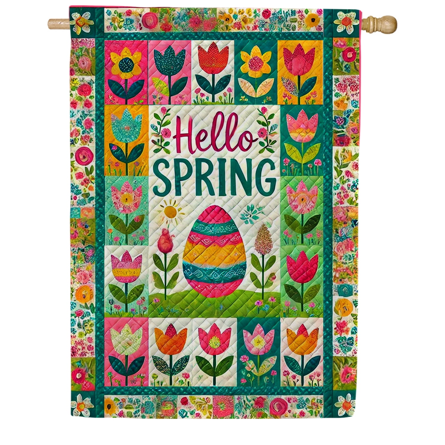 America Forever Hello Spring Patchwork House Flag, 28 x 40 inch Double Sided, Quilted Patterns Flowers Yard Flags, Easter Egg Banner, Spring Seasonal Outdoor Easter Day Decorations for Lawn