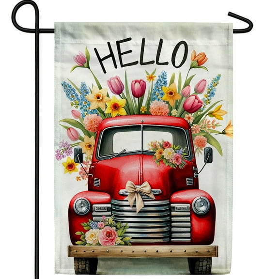 America Forever Hello Spring Red Truck Garden Flag, 12.5 x 18 inch Double Sided, Vintage Red Pickup Truck, Tulips Flower Floral Yard Decor, Seasonal Summer Outdoor Lawn Decoration