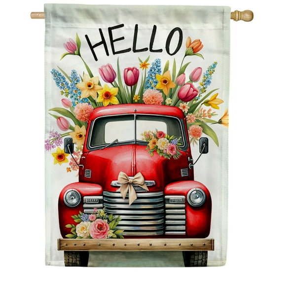 America Forever Hello Spring Red Truck House Flag, 28x40 inch Double Sided, Vintage Red Pickup Truck, Tulips Flower Floral Yard Decor, Seasonal Summer Outdoor Lawn Decoration
