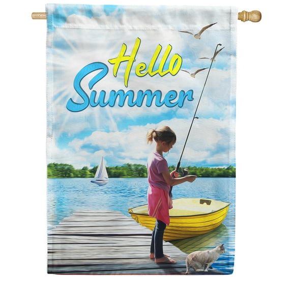 America Forever Hello Summer Lakeside Fishing House Flag 28 x 40 inches Fishing Dock Rod Boats Nautical Double Sided Seasonal Yard Outdoor Decorative Fresh Fish Lake Life House Flag