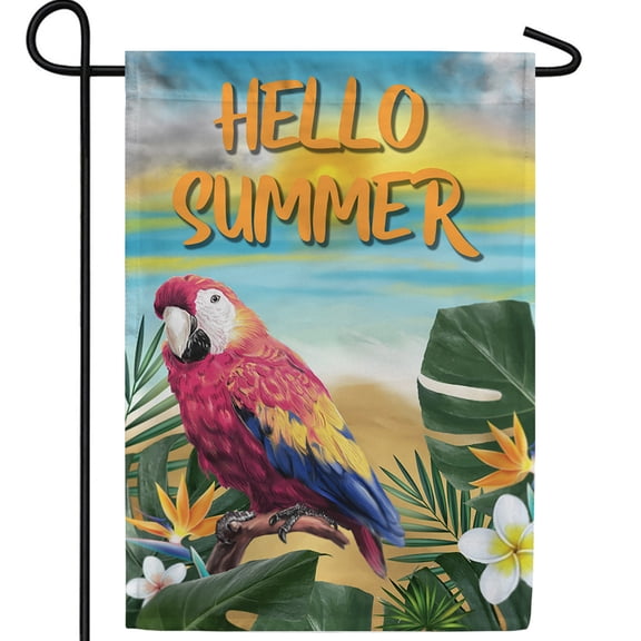America Forever Hello Summer Parrot Double Sided Garden Flag, 12.5 x 18 inch, Scarlet Macaw Banner, Beach Tropical Outdoor Decor, Vacation Paradise Yard Flag
