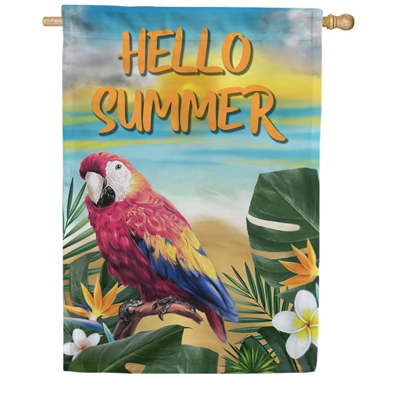 America Forever Hello Summer Parrot House Flag 28 x 40 inch Double Sided, Scarlet Macaw Banner Tropical Beach Outdoor Decor, Vacation Bird Yard Display Seasonal Decorations