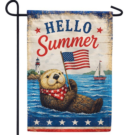 America Forever Hello Summer Sea Otter Garden Flag, 12.5 x 18 Inch Double Sided, Patriotic Otter American Flag, Nautical Coastal Summer Outdoor Decor