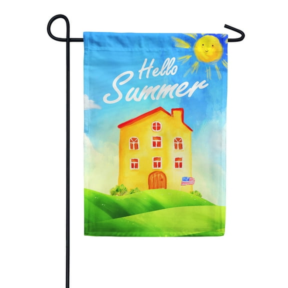 America Forever Hello Summer Sun Garden Flag 12.5 x 18 inches Patriotic Yellow House Countryside Smiling Sun Double Sided Seasonal Bright Yellow Sunshine Yard Outdoor Decorative Welcome Garden Flag