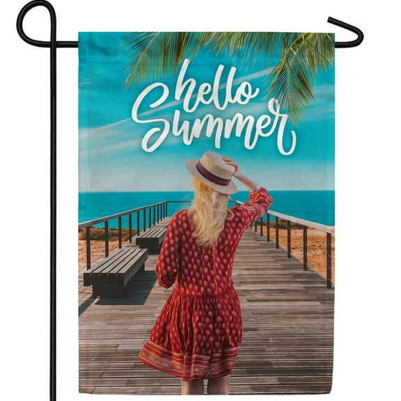 America Forever Hello Summer Beach Garden Flag, 12.5 x 18 inch Double Sided, Summer Beach Flag, Coastal Summer Decor, Ocean Beach Banner, Seasonal Outdoor Decorations Yard Flag