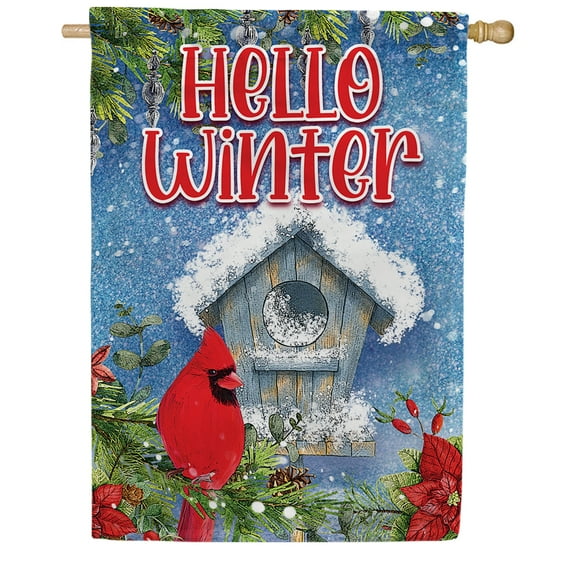 America Forever Hello Winter Cardinal House Flag, 28 x 40 inch Double Sided, Red Cardinal Bird Banner, Birdhouse Snow Outdoor Decor, Winter Wildlife Yard Decorations, Nature Design