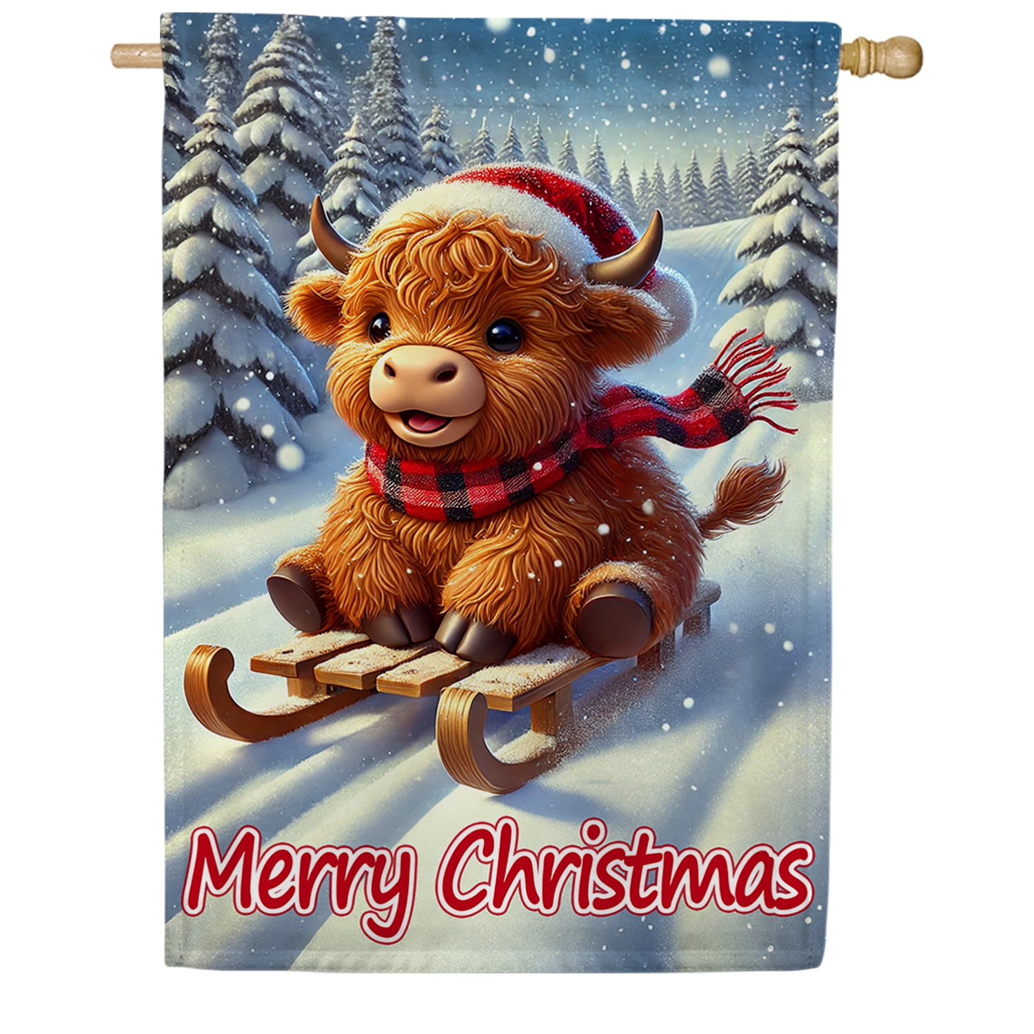 America Forever Highland Cow Sled House Flag, 28 x 40 inch Double Sided, Christmas Heifer Banner, Winter Plaid Scarf Snow Outdoor Decor, Holiday Outside Decorations Yard Flag