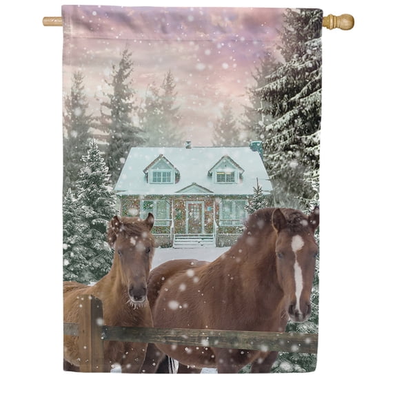 America Forever Horses Winter Greeting House Flag, 28 x 40 inch Double Sided, Two Horses Wooden Fence House, Snowy Pine Trees Scene, Country Winter Banner, Peaceful Outdoor Decoration