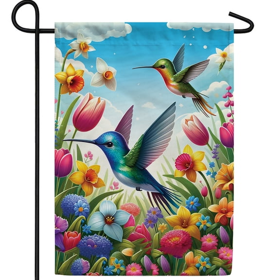 America Forever Hummingbird Garden Flag, 12.5 x 18 inch Double Sided, Colorful Spring Flowers Bird Flag, Enchanted Garden Hummingbird Decor, Spring Summer Outdoor Yard Decoration