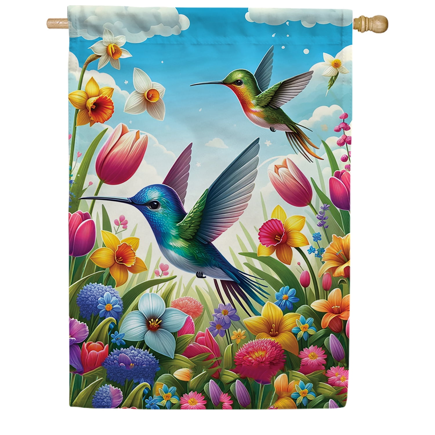 America Forever Hummingbird House Flag, 28 x 40 inch Double Sided, Colorful Spring Flowers Bird Flag, Enchanted Garden Hummingbird Decor, Spring Summer Outdoor Yard Decoration
